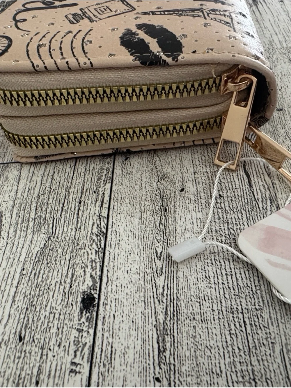 Blush Kiss Beige Graphic Paris Zip Wallet NWT